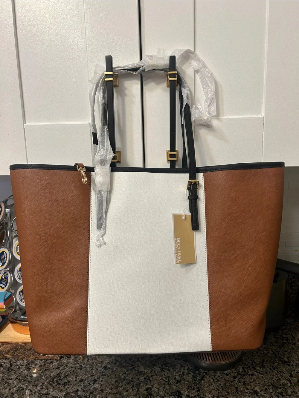 Michael Kors Two-Tone Saffiano Leather Tote in Brown, White and Black Trim